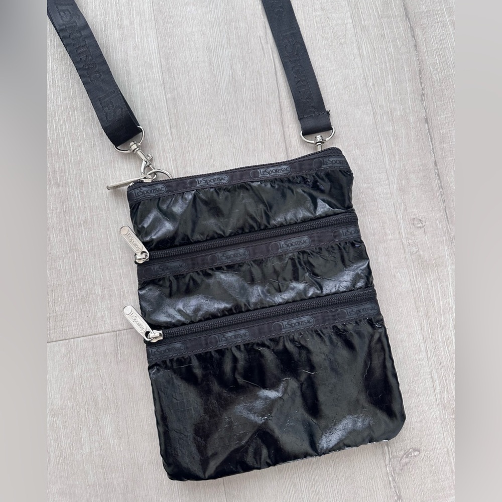LeSportSac Triple Zip Crossbody Bag – Black Patent Nylon